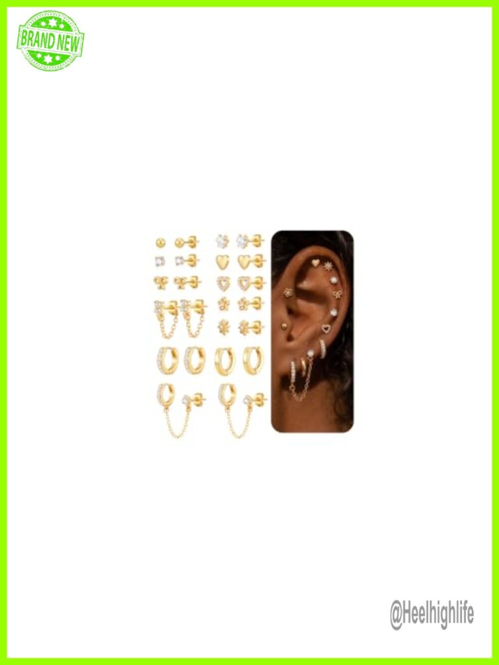12-Piece Gold Plated CZ Stud Earrings Set Hypoallergenic Stainless Steel
